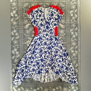 Pinko Blue White Floral Print Gathered Waist Midi Dress
